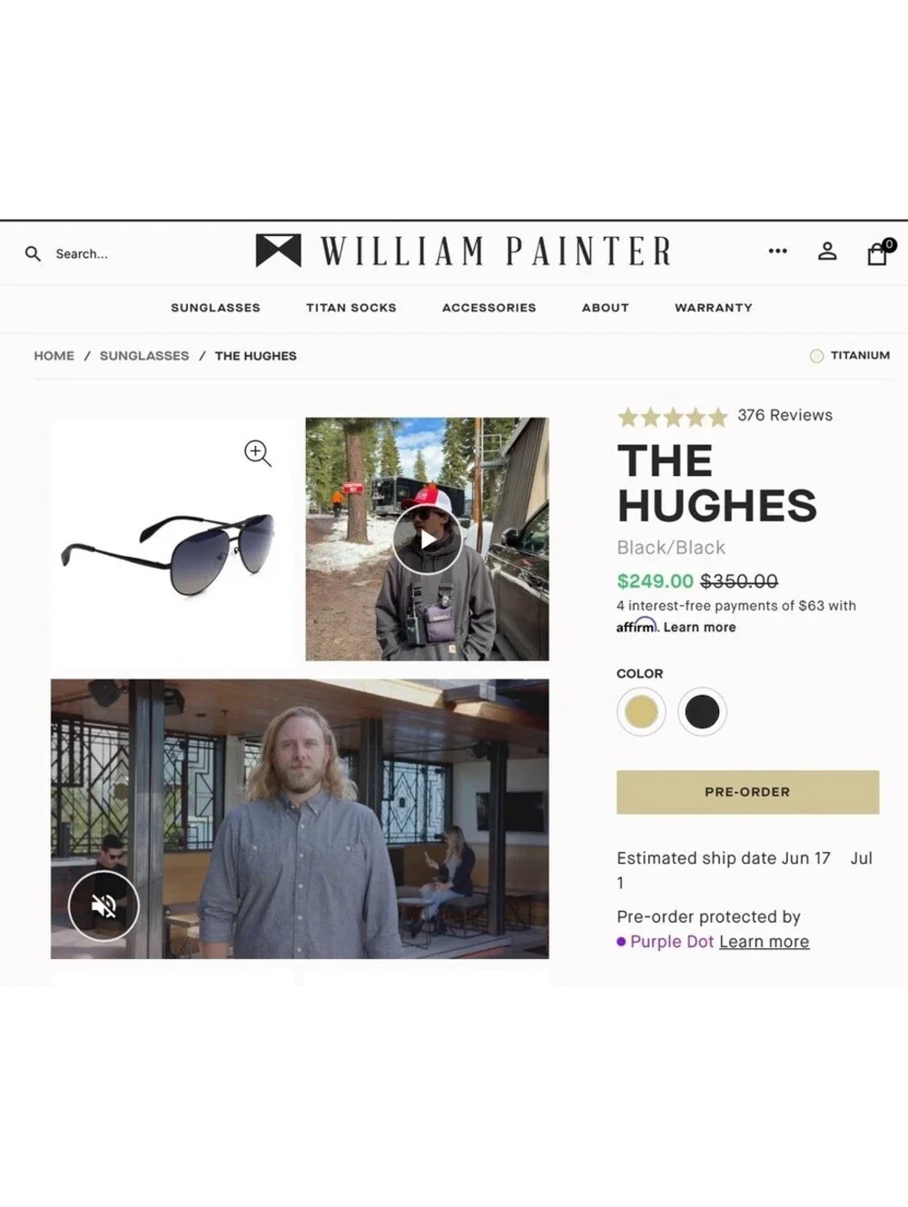 William Painter Hughes Polarized Aviator Titanium Sunglasses Black/Black Lens